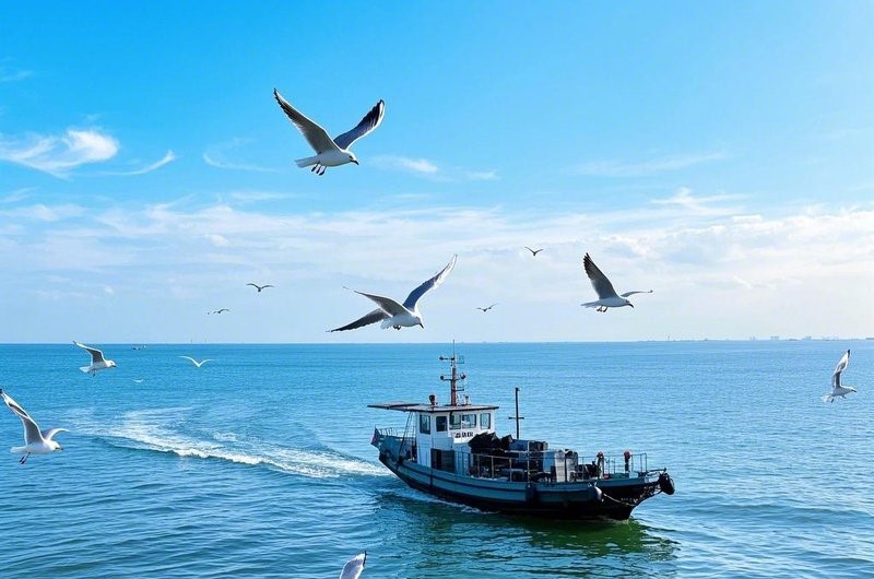 天津海域 船与海鸥